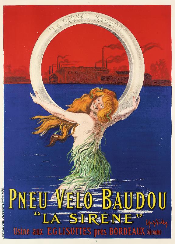 Affiche publicitaire La Sirene pneus de vélo fabriqués par Pneu Velo Baudou