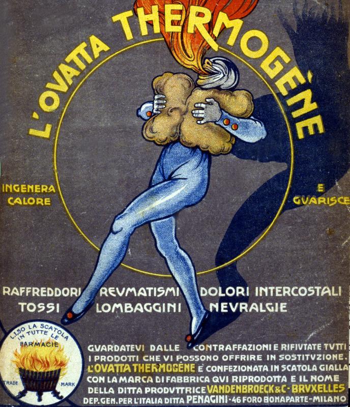 Poster Publicité pour la laine de coton thermogène durcissant les rhumes, les douleurs internes, les rhumatismes, la toux, la névralgie et le lumbago