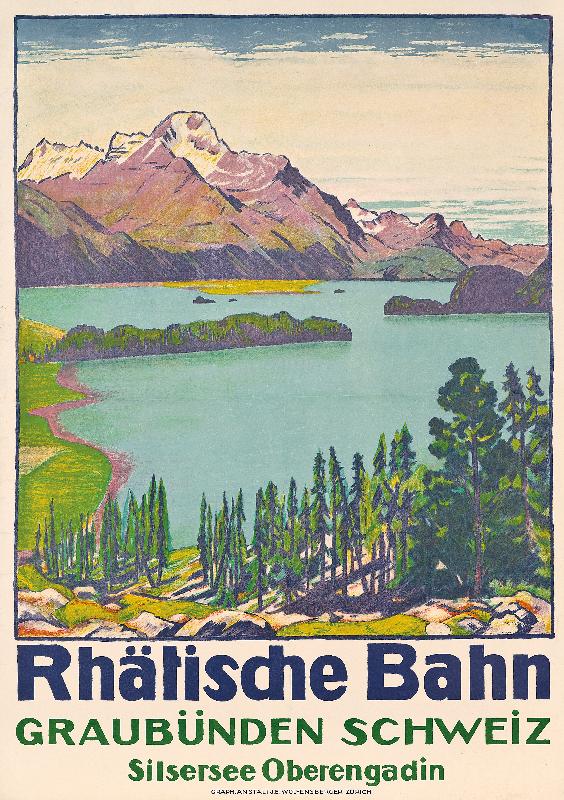 Affiche publicitaire voyage à Graubunden par la société suisse Rhaetian Railway, 1916