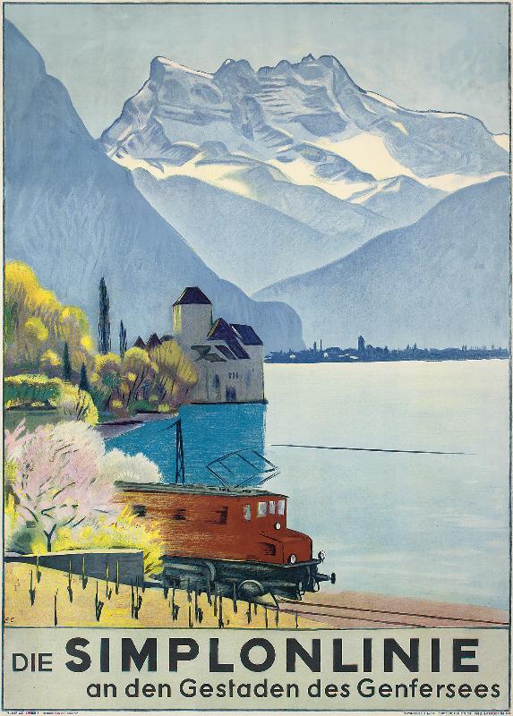 Affiche publicitaire chemin de fer autour du lac Léman Simplonlinie