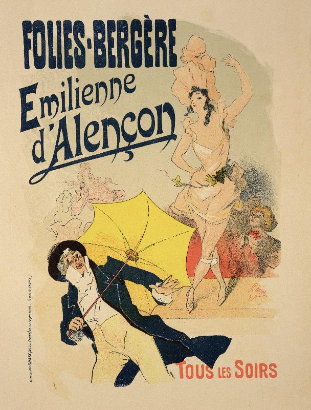 Affiche publicitaire “Emile d'Alencon”, tous les soirs aux Folies-Bergères, 1893