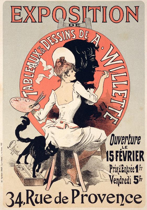 Affiche publicitaire une 'Exposition des peintures et dessins de A. Willette (1857-1926), Rue de Provence, 1888