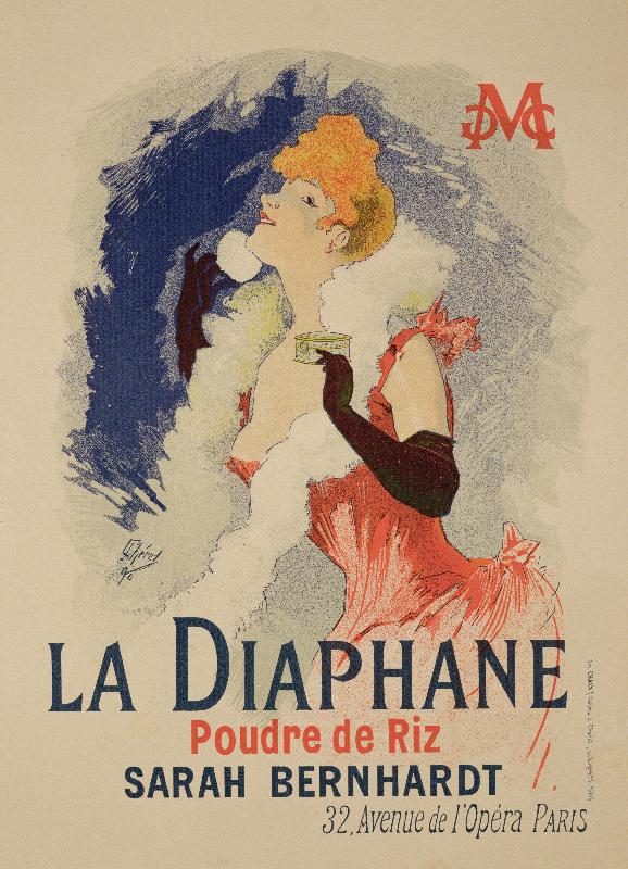 affiche publicitaire “La Diaphane”, poudre faciale translucide, modélisée par Sarah Bernhardt