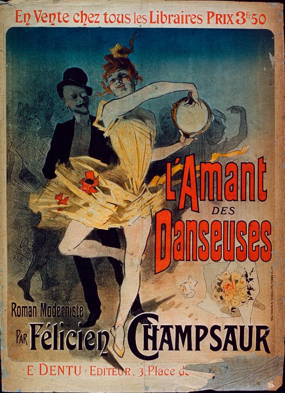 Affiche publicitaire 'The Lover of Dancers', un roman de Felicien Champsaur, 1888