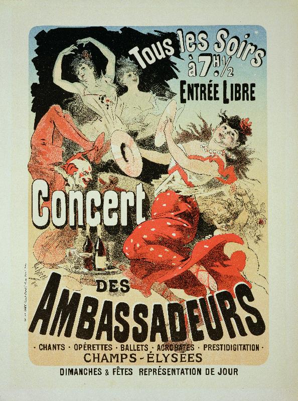 affiche publicitaire d'un “Concert des Ambassadeurs”, Champs Elysees, Paris, 1884