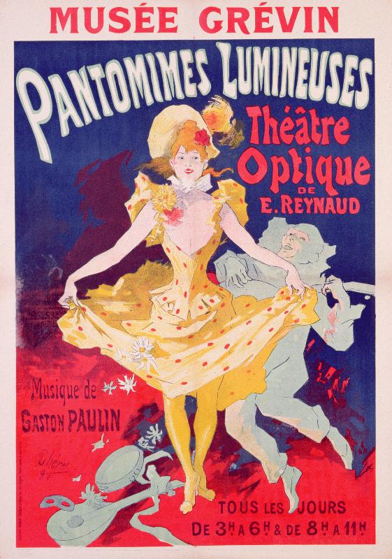 Affiche publicitaire « Pantomimes Lumineuses, Théâtre Optique de E. Reynaud » au Musée Grevin, imprimé par Chaix, Paris, 1892