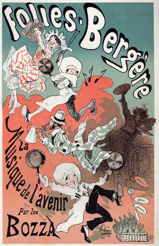 La musique du futur par les Bozza. Affiche de Jules Cheret pour un spectacle aux Folies Bergeres, Paris, vers 1880 (poster)