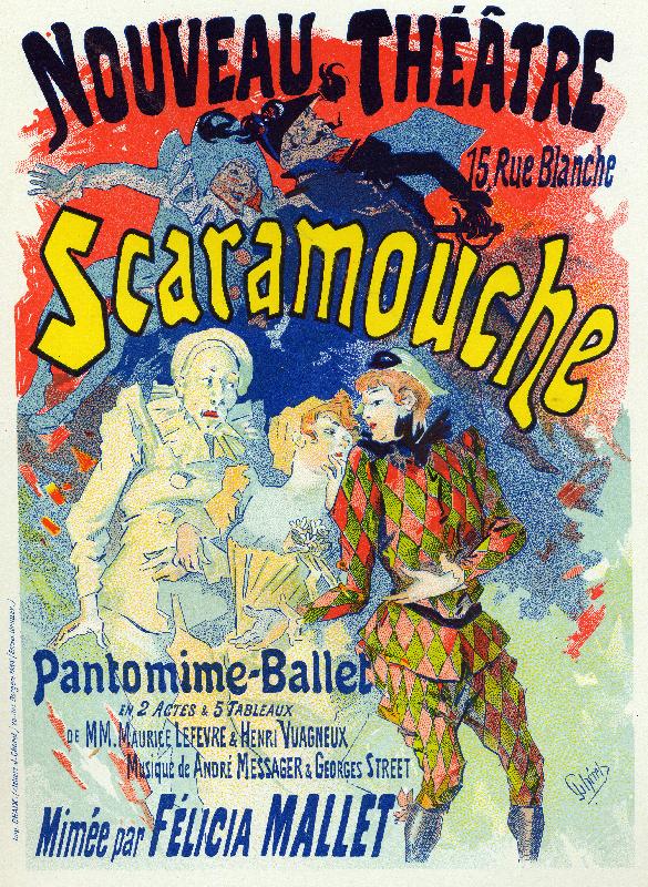 Affiche Art. Divertissement. Scaramouche, ballet de Felicia Mallet. Affiche de Jules Cheret, France, c.1895