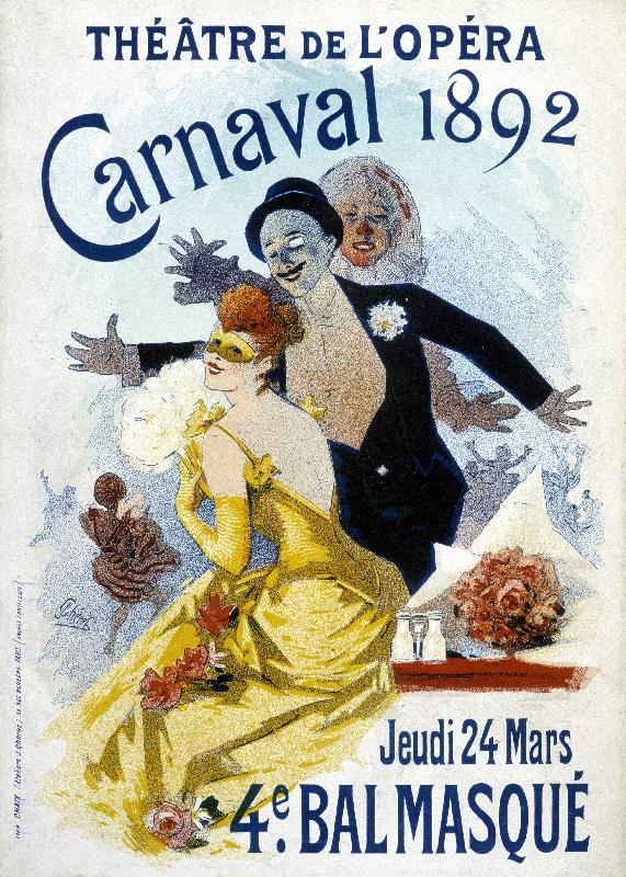 Bal masque. Affiche de Cherret pour le carnaval de 1892 au theatre de l'opera.