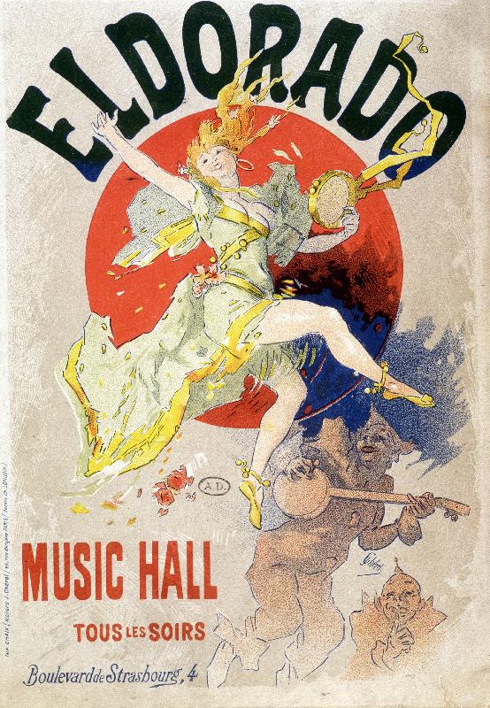 Affiche pour le Music Hall programmée tous les soirs au Théâtre Eldorado, boulevard de Strasbourg à Paris. Vers 1900