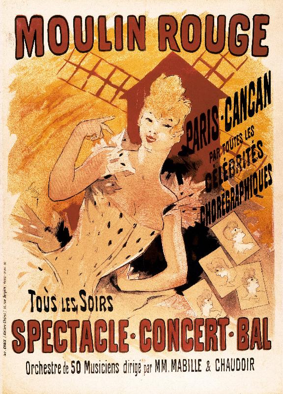 Affiche publicitaire pour le Moulin Rouge et les danseurs Cancans, 1890