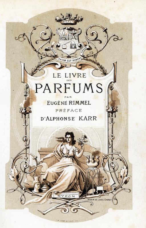 Affiche Page de titre avec armoiries et femme tenant une rose, assise sur un trône Parfums d'Eugene Rimmel 