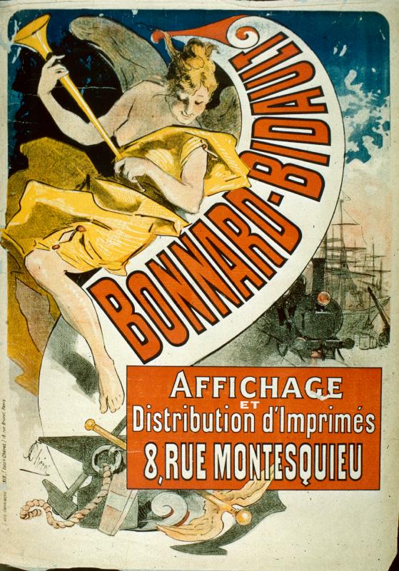 Affiche d'une femme aux ailes jouant d'une flûte dorée pendant qu'un train passe Bonnard-Bidault, 1896 