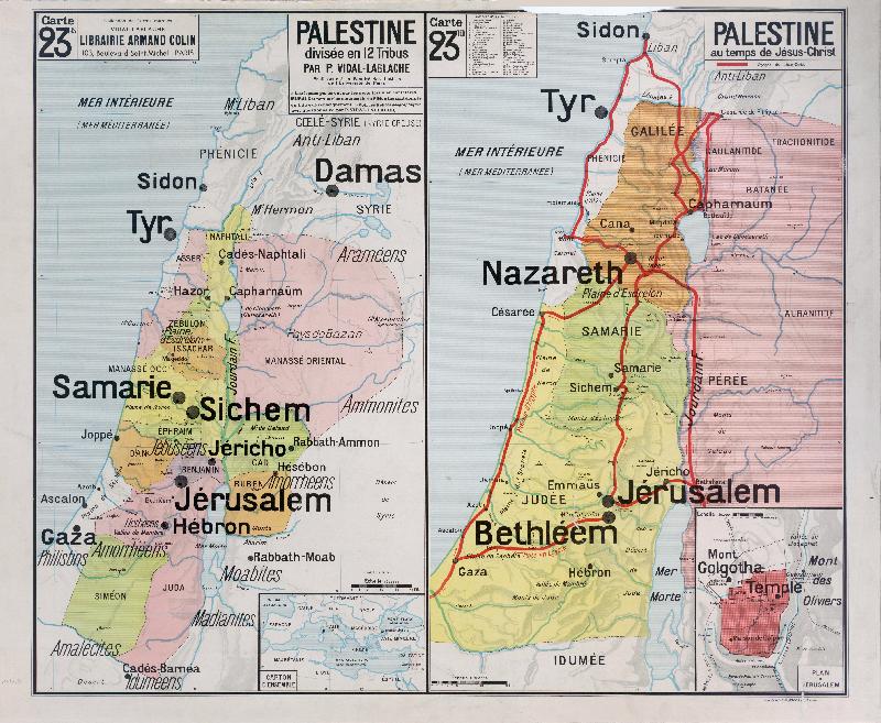 Carte scolaire ancienne Palestine divisée en 12 tribus; La Palestine au temps de Jésus-Christ