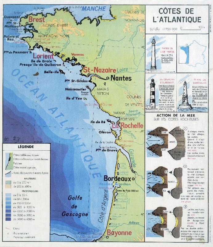 Carte scolaire ancienne  Côtes de l'Atlantique France