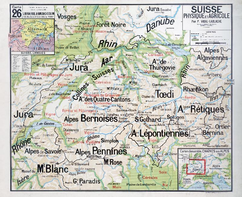 Carte scolaire ancienne Suisse physique et agricole