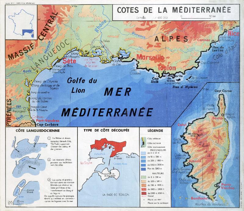 Carte scolaire ancienne Côtes de la Méditerranée