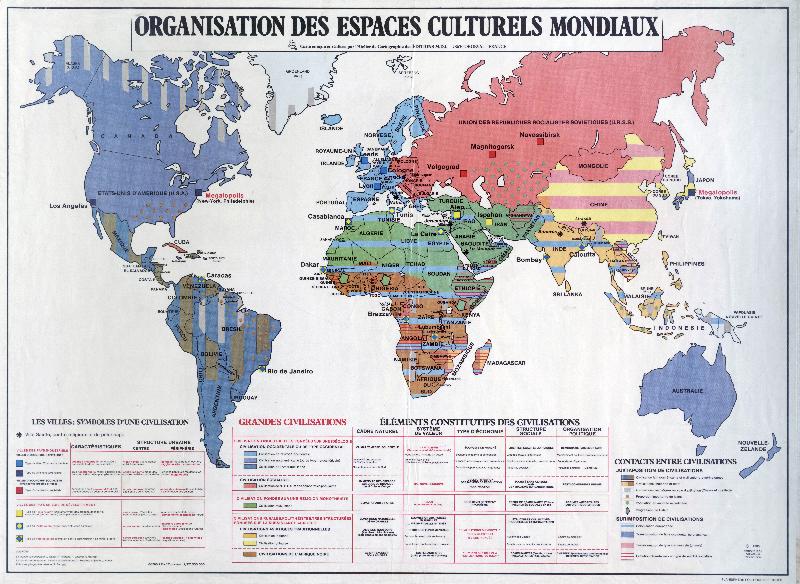 Carte scolaire ancienne Organisation des espaces culturels mondiaux planisfère civilisations