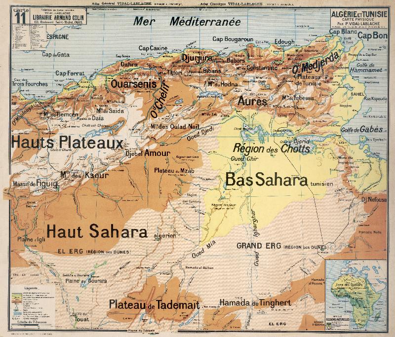 Carte scolaire ancienne  Algérie et Tunisie ; carte physique