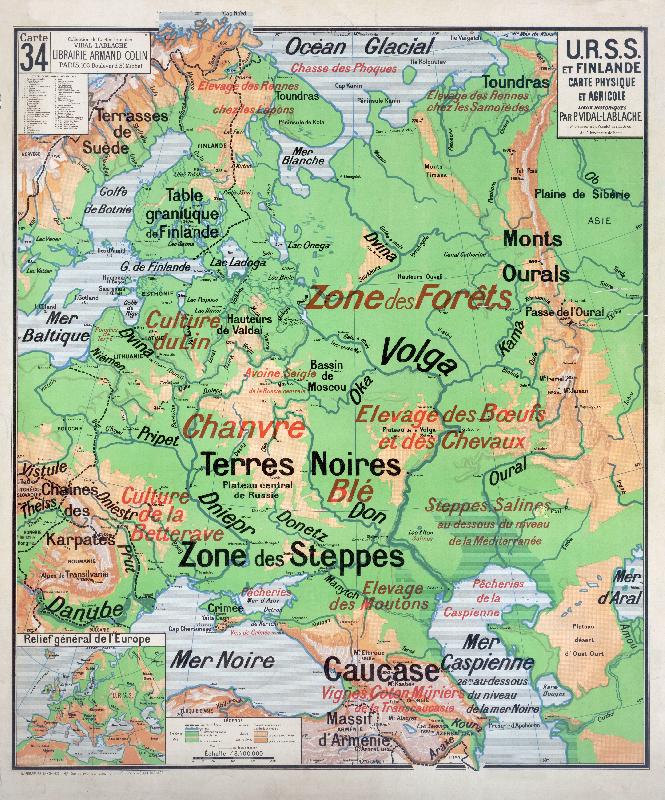 Carte scolaire ancienne URSS et Finlande : carte physique et agricole