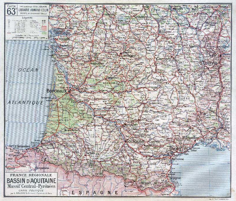 Carte scolaire Bassin d'Aquitaine - Massif central - Pyrénées : carte politique de France