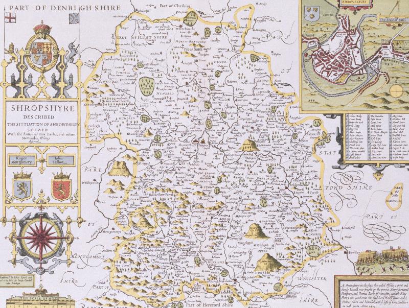 Carte Shropshyre, gravé par Jodocus Hondius (1563-1612) tiré du « Théâtre de l'Empire de Grande-Bretagne » de John Speed, pub. par John Sudbury et George Humble, 1611-1612