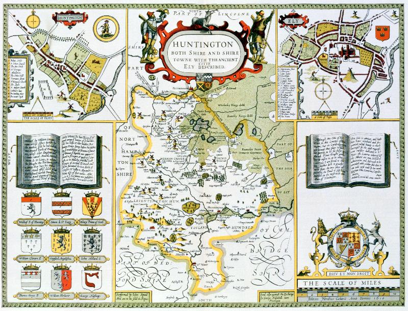 Carte Huntington, gravé par Jodocus Hondius (1563-1612) d'après le « Théâtre de l'Empire de Grande-Bretagne » de John Speed, pub. par John Sudbury et George Humble, 1611-1612