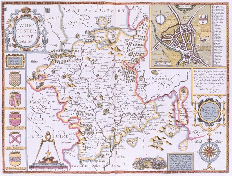 Carte Worchestershire, gravé par Jodocus Hondius (1563-1612) tiré du « Théâtre de l'Empire de Grande-Bretagne » de John Speed, pub. par John Sudbury et George Humble 1611-12