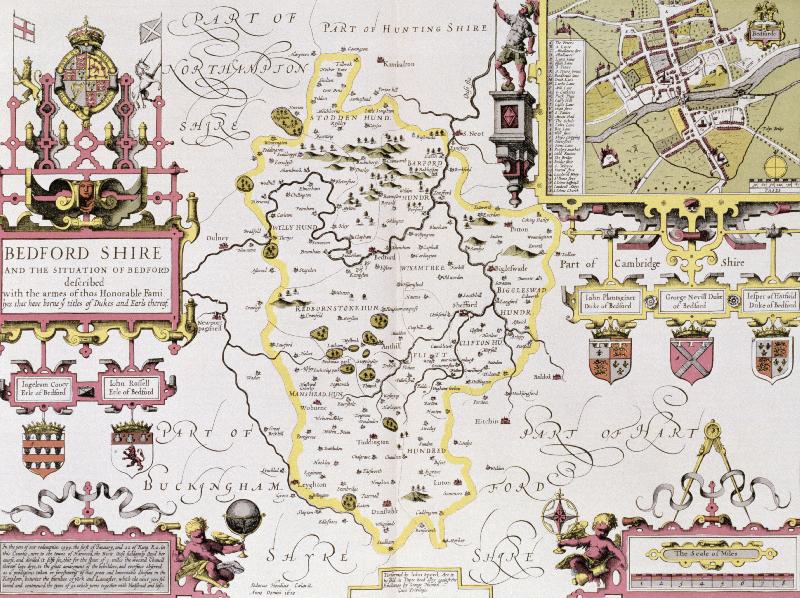 Carte Bedfordshire et la situation de Bedford, gravé par Jodocus Hondius (1563-1612) tiré du « Théâtre de l'Empire de Grande-Bretagne » de John Speed, pub. par John Sudbury et George Humble, 1611-1612