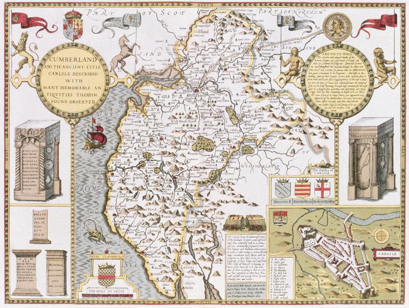 Carte Cumberland et l'ancienne ville de Carlile, gravés par Jodocus Hondius (1563-1612) tiré du « Théâtre de l'Empire de Grande-Bretagne » de John Speed, pub. par John Sudbury et George Humble, 1611-1612