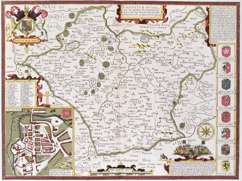 Carte Leicester, gravé par Jodocus Hondius (1563-1612) d'après le « Théâtre de l'Empire de Grande-Bretagne » de John Speed, pub. par John Sudbury et George Humble, 1611-1612