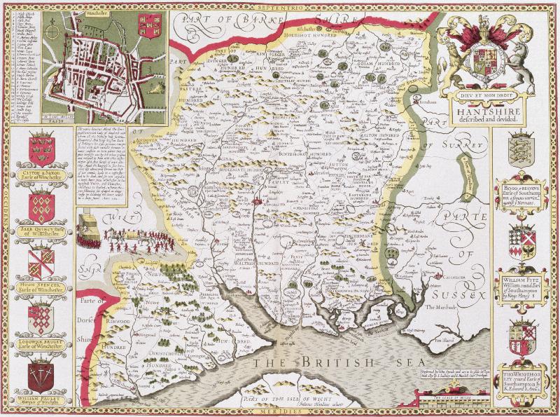 Carte Hantshire, gravé par Jodocus Hondius (1563-1612) d'après le « Théâtre de l'Empire de Grande-Bretagne » de John Speed, pub. par John Sudbury et George Humble, 1611-1612