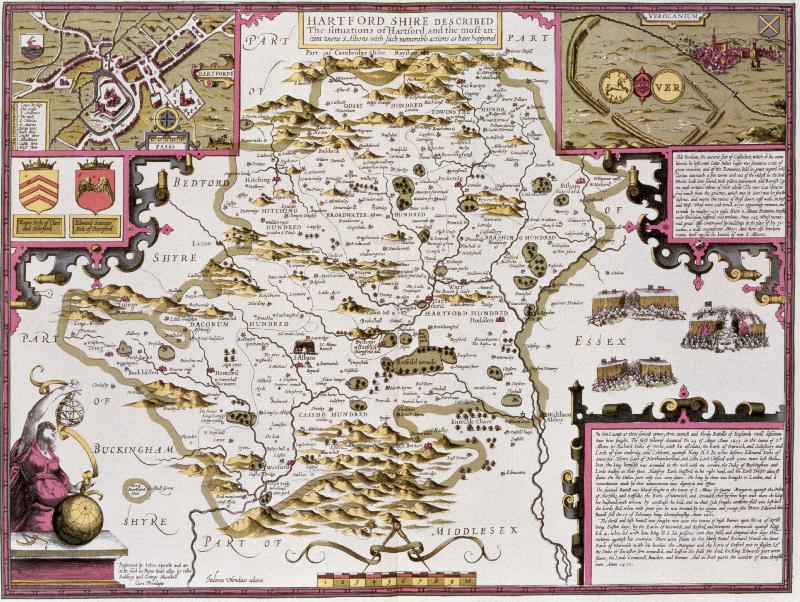 Carte Hartfordshire et la situation de Hartford, gravés par Jodocus Hondius (1563-1612) tiré du « Théâtre de l'Empire de Grande-Bretagne » de John Speed, pub. par John Sudbury et George Humble, 1611-1612