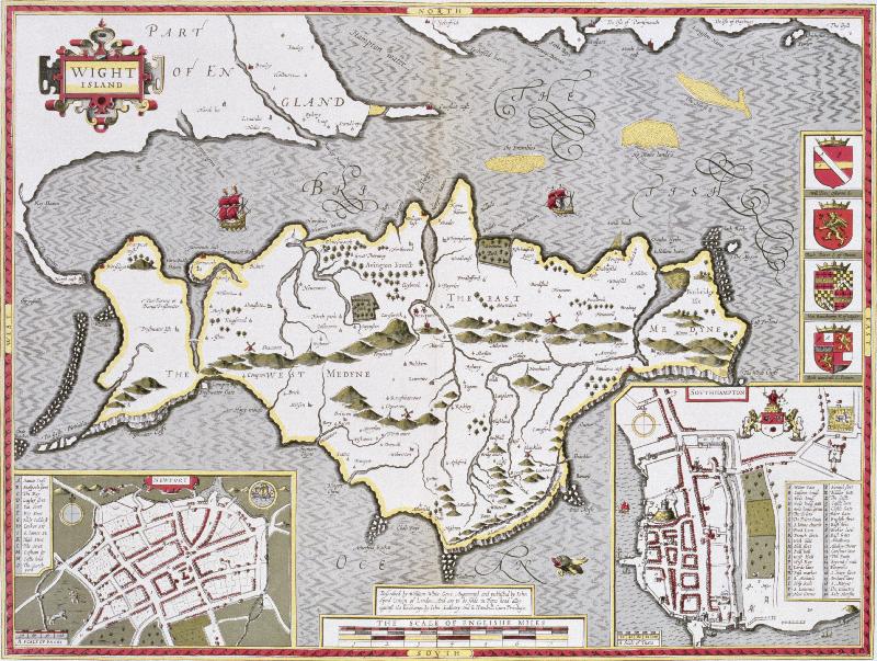 Carte Île de Wight, gravée par Jodocus Hondius (1563-1612) tirée du « Théâtre de l'Empire de Grande-Bretagne » de John Speed, pub. par John Sudbury et George Humble, 1611-1612