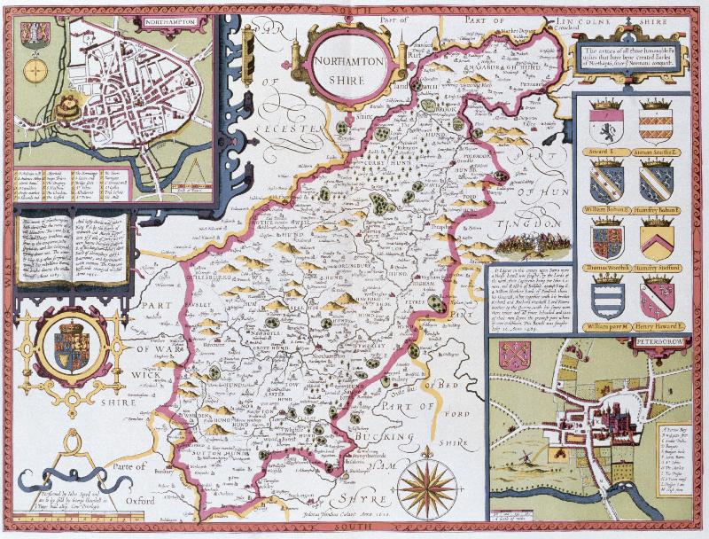 Carte Northamtonshire, gravé par Jodocus Hondius (1563-1612) tiré du « Théâtre de l'Empire de Grande-Bretagne » de John Speed, pub. par John Sudbury et George Humble, 1611-1612