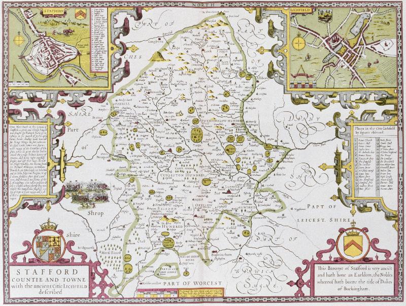 Carte Comté et ville de Stafford, gravés par Jodocus Hondius (1563-1612) tiré du « Théâtre de l'Empire de Grande-Bretagne » de John Speed, pub. par John Sudbury et George Humble, 1611-1612