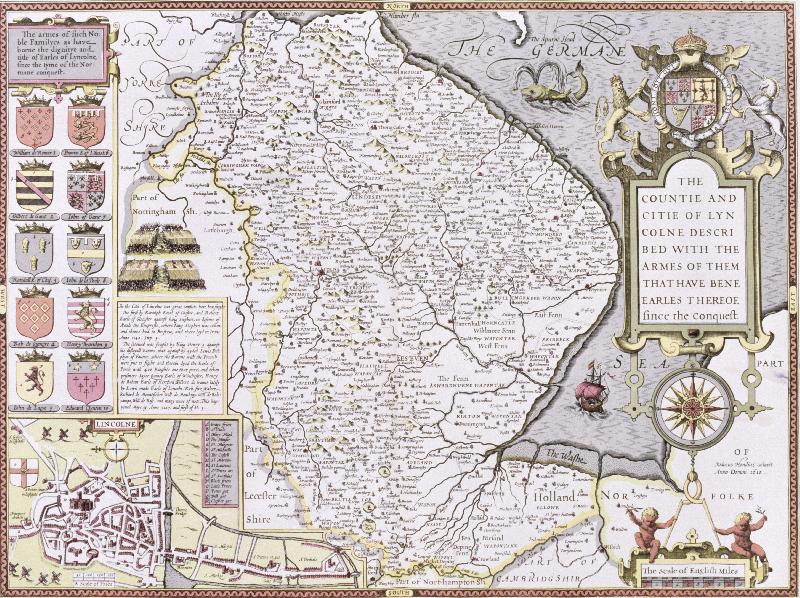 Carte Le comté et la ville de Lyncolne, gravés par Jodocus Hondius (1563-1612) tiré du « Théâtre de l'Empire de Grande-Bretagne » de John Speed, pub. par John Sudbury et George Humble, 1611-1612