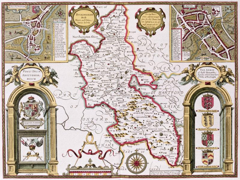 Carte Buckinghamshire, gravé par Jodocus Hondius (1563-1612) d'après le « Théâtre de l'Empire de Grande-Bretagne » de John Speed, pub. par John Sudbury et George Humble, 1611-1612