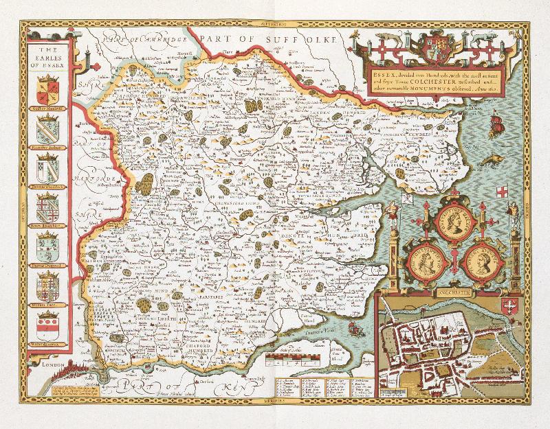 Carte Essex, gravé par Jodocus Hondius (1563-1612) du Théâtre de l'Empire de Grande-Bretagne de John Speed, pub. par John Sudbury et George Humble, 1611-1612