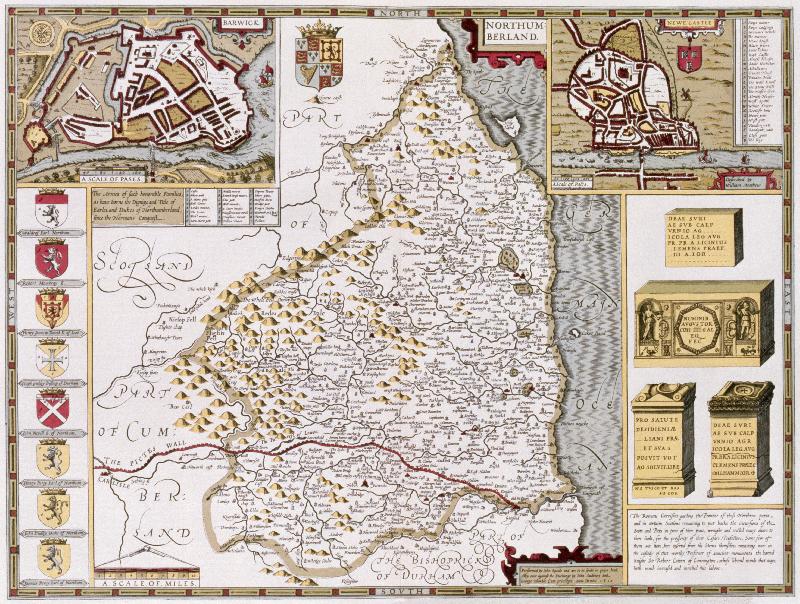 Carte Northumberland, gravé par Jodocus Hondius (1563-1612) d'après le « Théâtre de l'Empire de Grande-Bretagne » de John Speed, pub. par John Sudbury et George Humble, 1611-1612