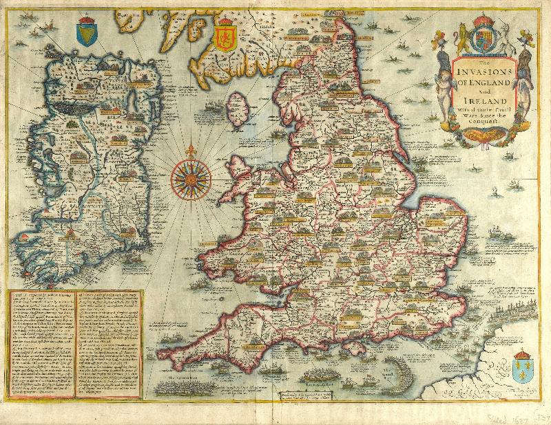 Carte Les invasions de l'Angleterre et de l'Irlande avec toutes leurs guerres civiles depuis la conquête, vers 1627