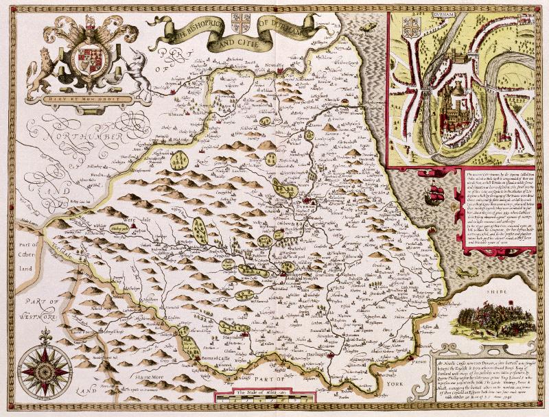 Carte L'évêché et la ville de Durham, gravés par Jodocus Hondius (1563-1612) tiré du « Théâtre de l'Empire de Grande-Bretagne » de John Speed, pub. par John Sudbury et George Humble, 1611-1612