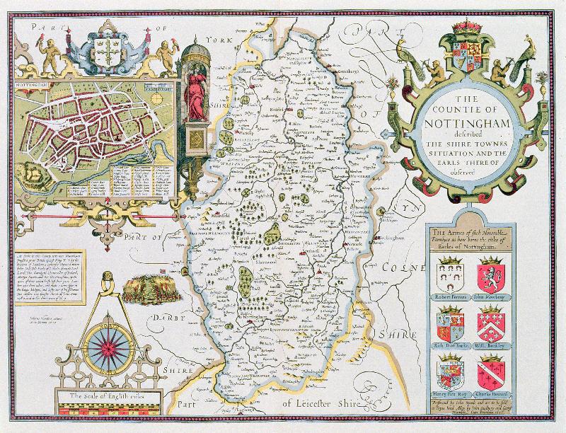 Carte Le comté de Nottingham, gravé par Jodocus Hondius (1563-1612) tiré du « Théâtre de l'Empire de Grande-Bretagne » de John Speed, pub. par John Sudbury et George Humble, 1611-1612