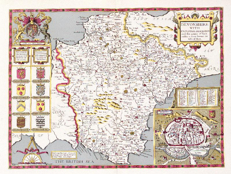 Carte Devonshire, gravé par Jodocus Hondius (1563-1612) du Théâtre de l'Empire de Grande-Bretagne de John Speed, pub. par John Sudbury et George Humble, 1611-1612