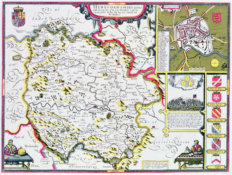 Carte Herefordshire, gravé par Jodocus Hondius (1563-1612) d'après le « Théâtre de l'Empire de Grande-Bretagne » de John Speed, pub. par John Sudbury et George Humble, 1611-1612