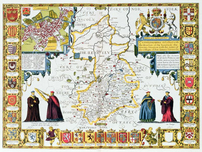 Carte Cambridgeshire, gravé par Jodocus Hondius (1563-1612) d'après le « Théâtre de l'Empire de Grande-Bretagne » de John Speed, pub. par John Sudbury et George Humble, 1611-1612