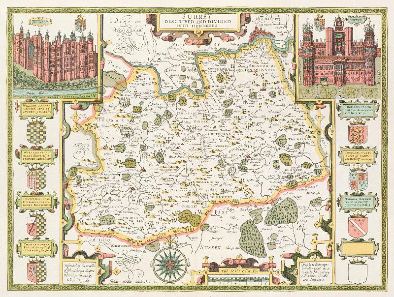 Carte du Surrey, gravée par Jodocus Hondius (1563-1612) du Théâtre de l'Empire de Grande-Bretagne de John Speed, pub. par John Sudbury et George Humble, 1611-12 (gravure sur cuivre colorée à la main)