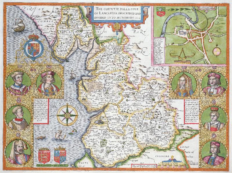 Carte Lancashire en 1610, tiré du « Théâtre de l'Empire de Grande-Bretagne » de John Speed, première édition, pub. 1611-12