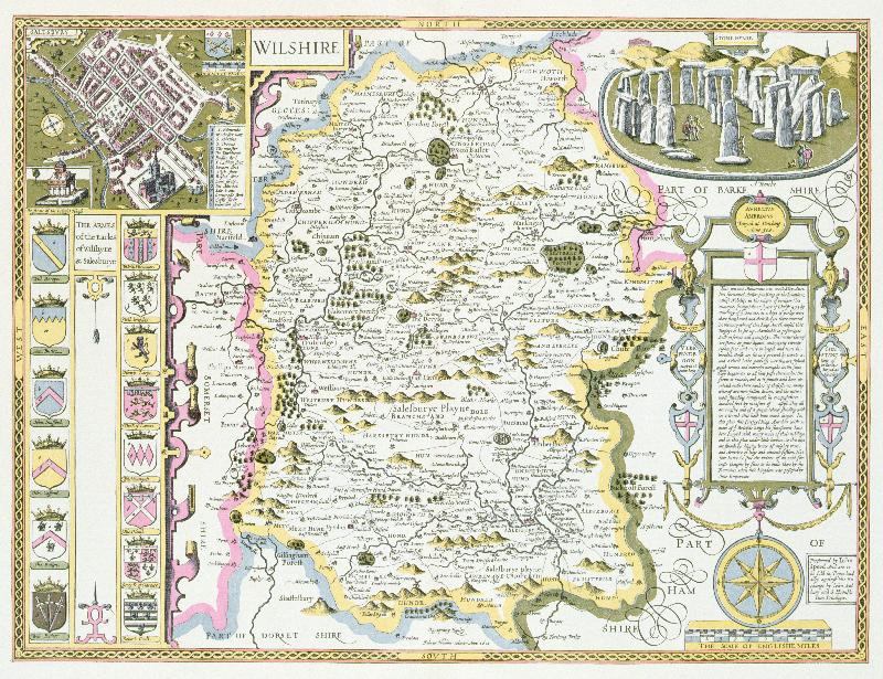 Carte Wiltshire, gravé par Jodocus Hondius (1563-1612) du Théâtre de l'Empire de Grande-Bretagne de John Speed, pub. par John Sudbury et George Humble, 1611-1612