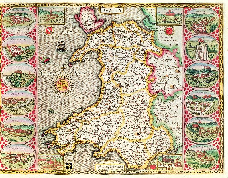 Carte Pays de Galles, gravé par Jodocus Hondius (1563-1612) tiré du « Théâtre de l'Empire de Grande-Bretagne » de John Speed, publié par John Sudbury et George Humble, 1611-12 (gravure sur cuivre coloriée à la main)